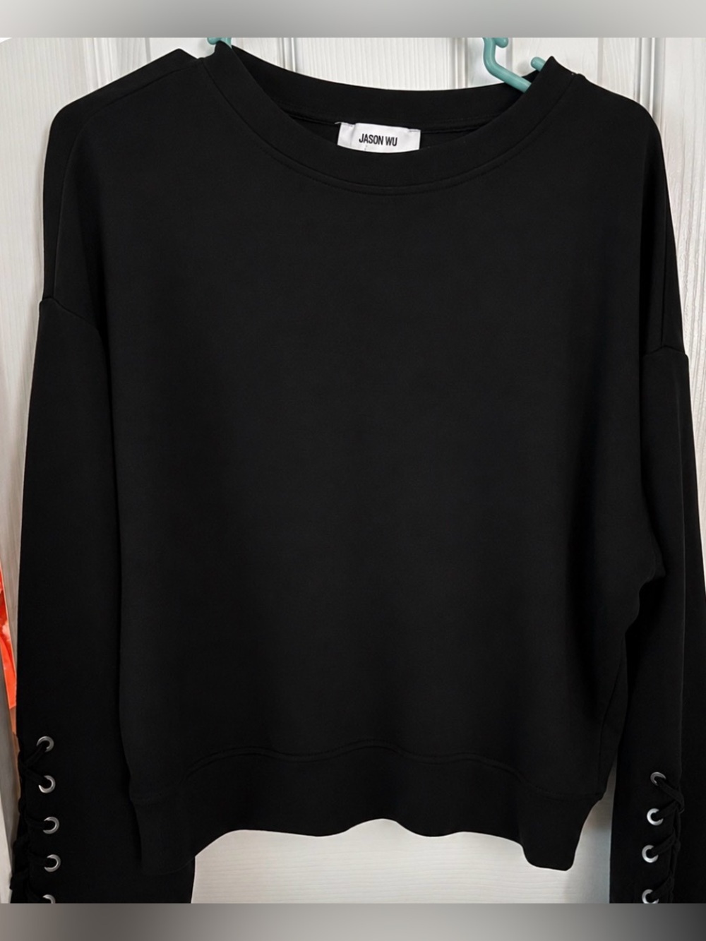 Jason Wu Black Crewneck Sweatshirt with Lace-Up Sleeve Detail